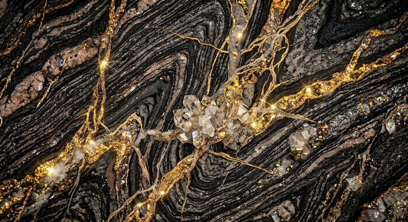 Gold-veined mineral artwork with embedded crystals
