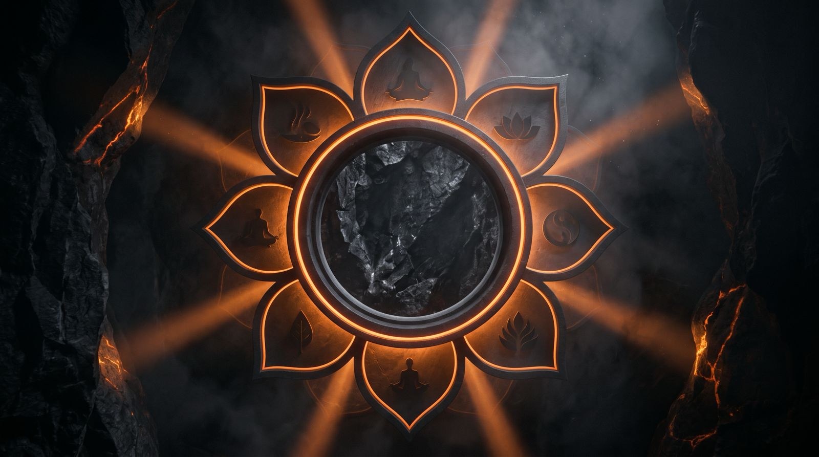 Glowing geometric lotus carving in a cave